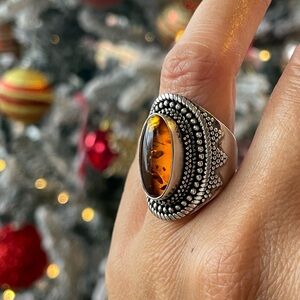 Sterling Silver 925  and Genuine Amber Statement Ring